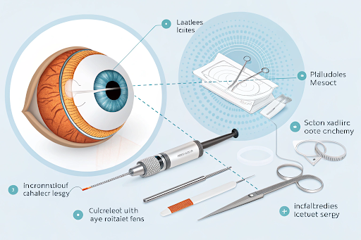Patient undergoing phaco sutureless cataract surgery with foldable lens implant at Susanjeevani Hospital